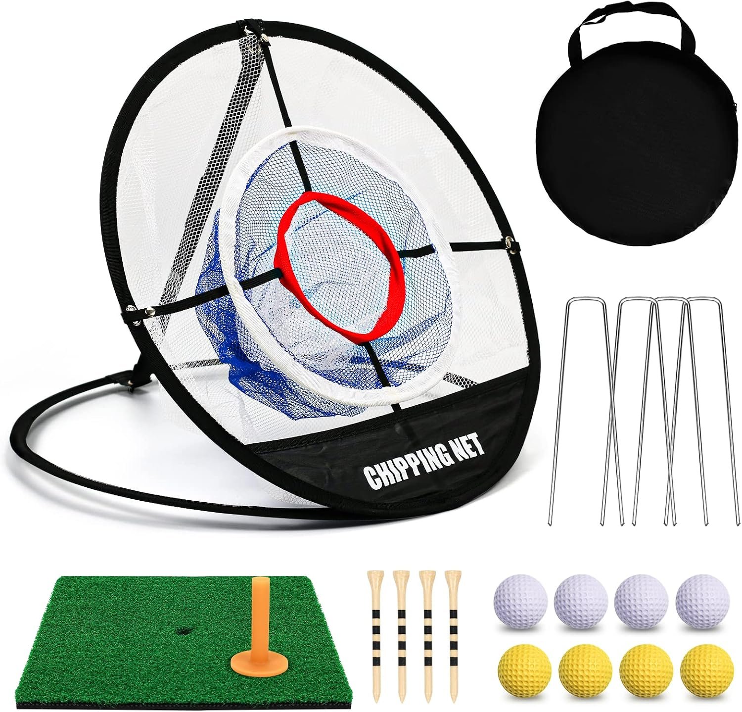 Pop Up Golf Chipping Net & Mat, Target Practice Set – 8 Balls, 4 Tees, Collapsible for Indoor/Outdoor Swing Training