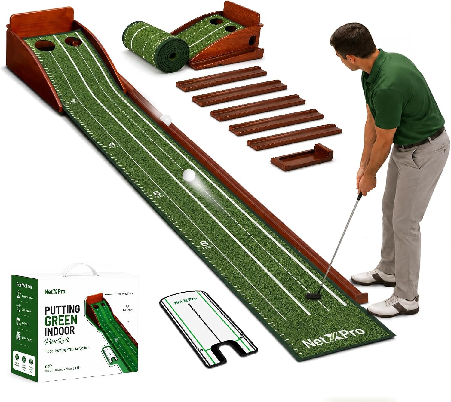 Putting Green Indoor – 10ft Golf Putting Mat with Auto Ball Return, 2 Holes & Wood Frame | Indoor Putting Green for Home & Office | Golf Putting Mat for Practice – Compact & Portable Design