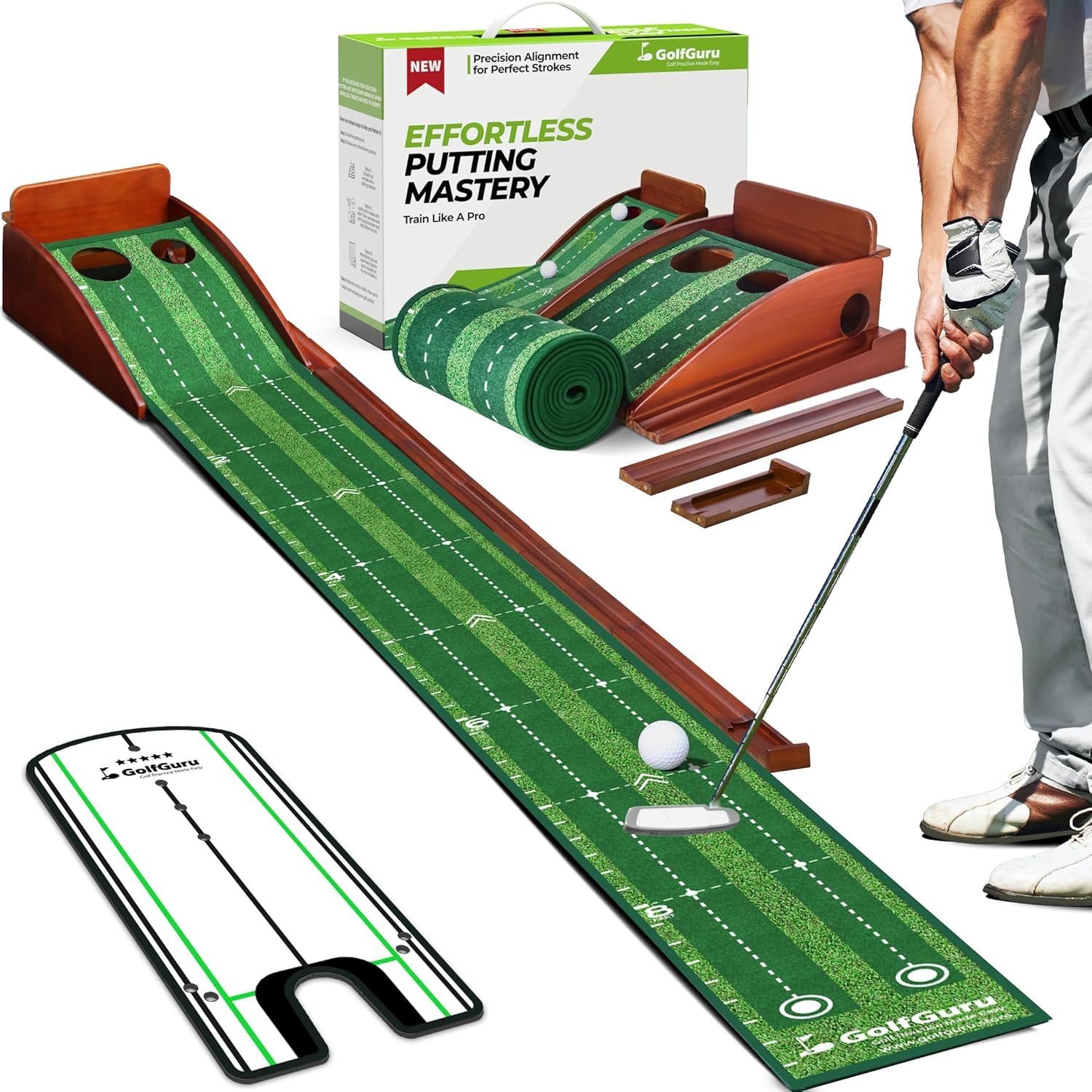 Golfguru Indoor Putting Green 9.8FT, Automatic Ball Return Track | Thickened Wrinkle-Free Crystal Velvet Putting Mat for Home Practice, Available with Or without Alignment Mirror