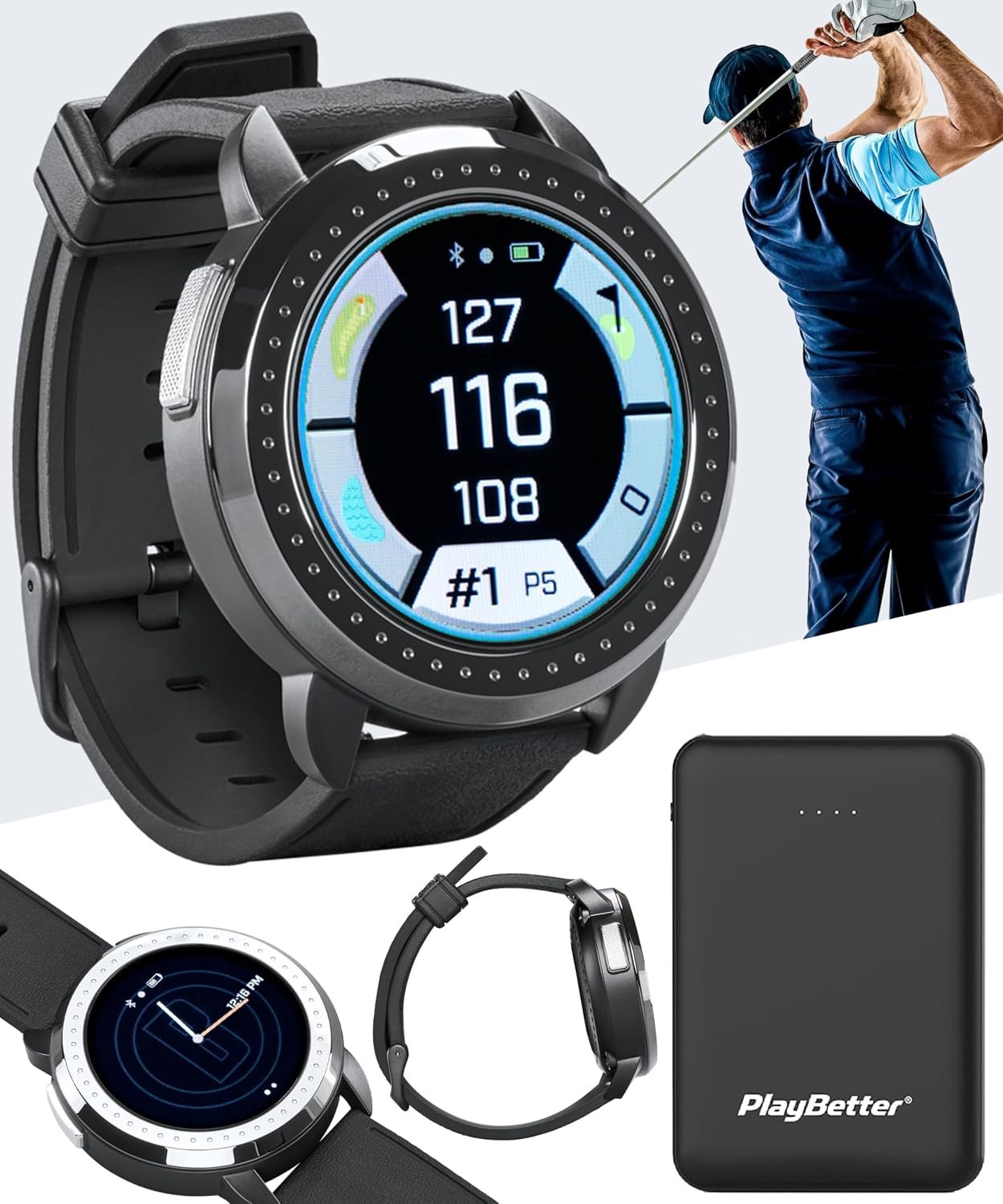 Bushnell iON Elite (Black) Golf GPS Watch PlayBetter Bundle | Color Touchscreen, 12+ Hours Battery, 38K Courses & Slope | Includes 5000mAh Portable Charger & Screen Protectors