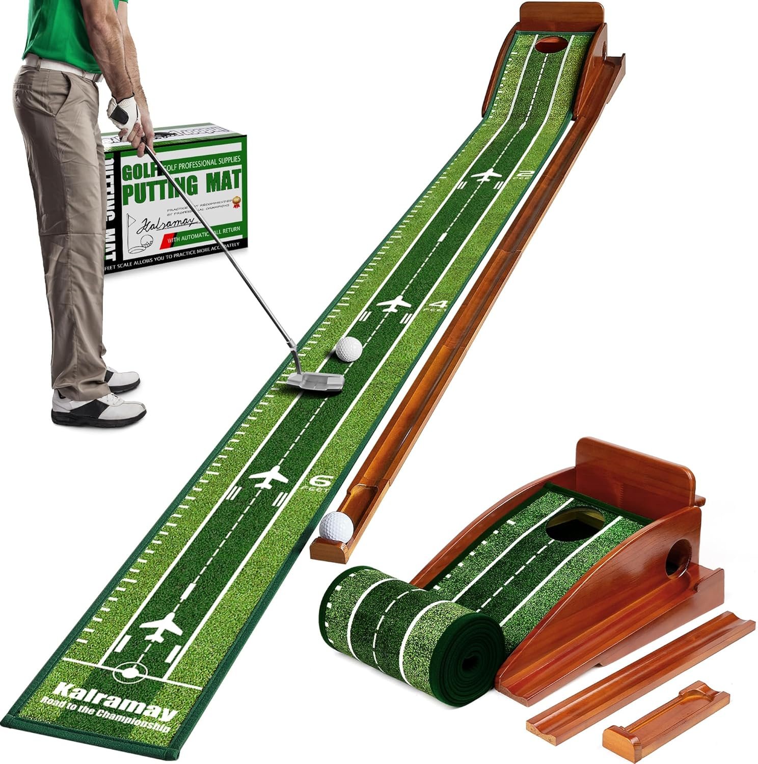 Kalramay Putting Green Indoor Golf Putting Mat – Easy to Assemble with Automatic Ball Return, Wrinkle-Free Close to Real Green Speed, Suitable for Office, Recreation Room, Patio | Wrinkle-Free Close to Real Green Speed, Suitable for Office, Recreation Room, Patio–Gift