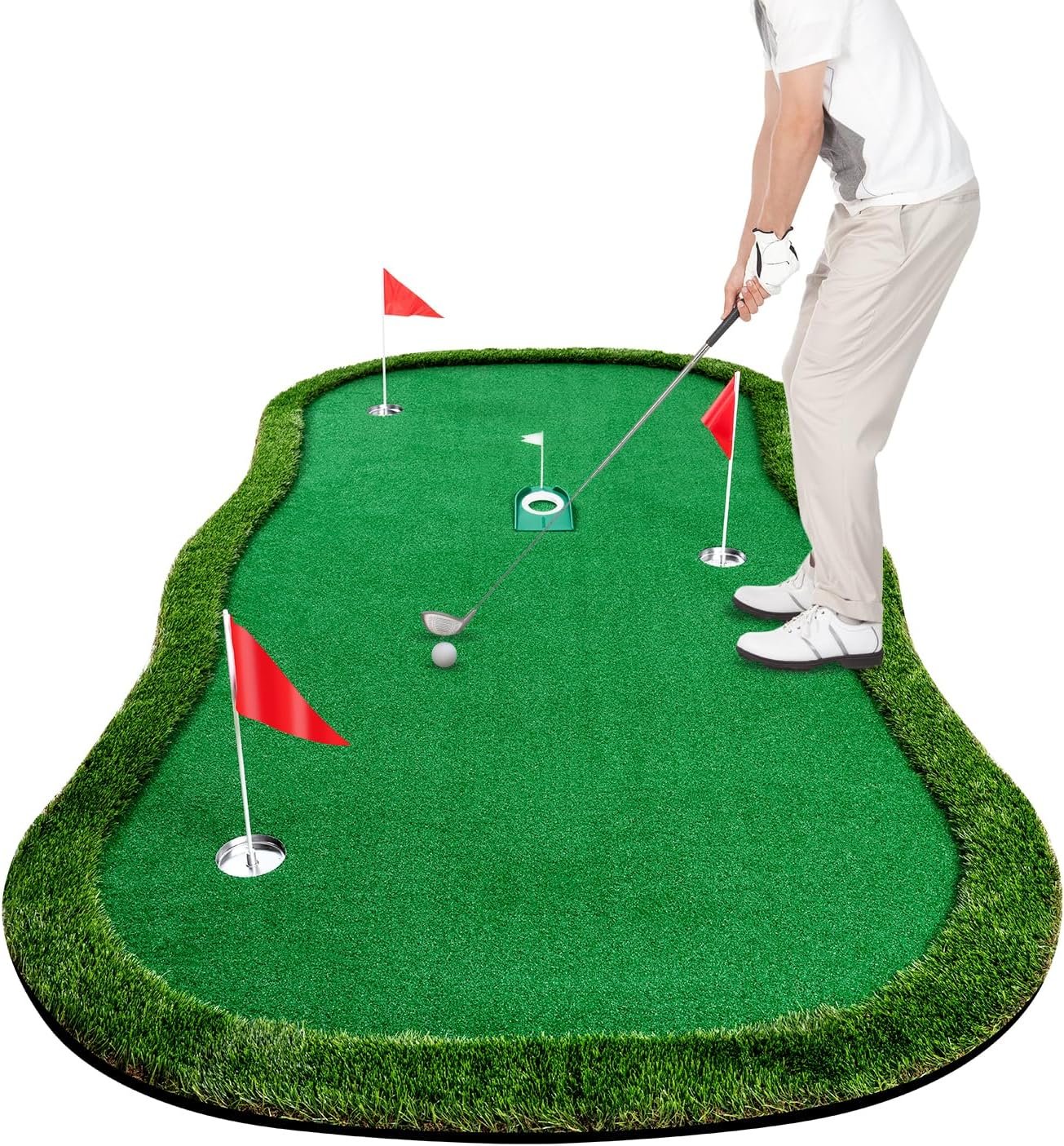 Golf Putting Green Indoor Outdoor Practice Putting Mat 5x10ft | Professional Training Mat with 3 Flags 1 Movable Cup 3 Slope Pad Portable Turf Putting Game For Home Backyard