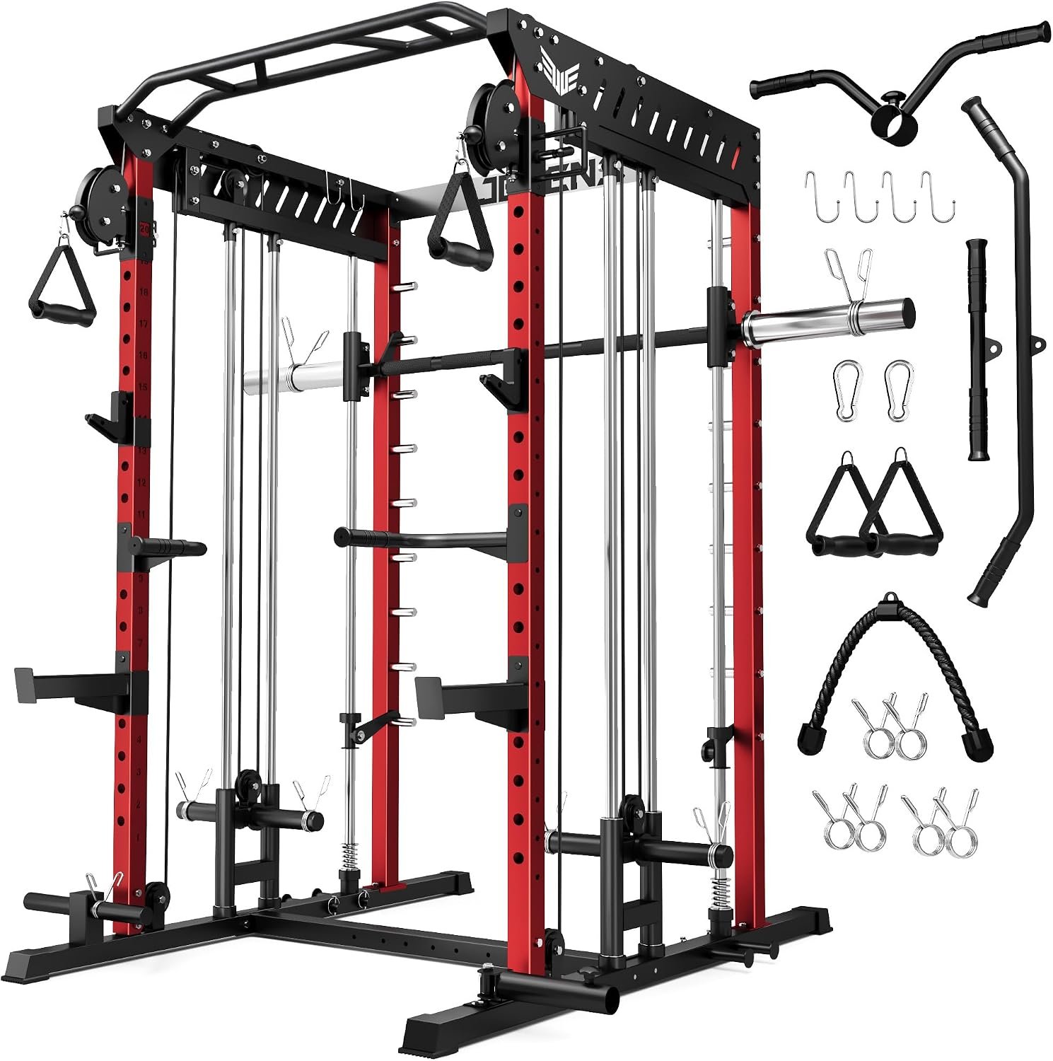 M21 Smith Machine, Multi-Function Power Cage with Dual Pulley Cable Crossover System, 2000LBS All-in-One Squat Rack with Smith Bar and Attachments for Home Gym