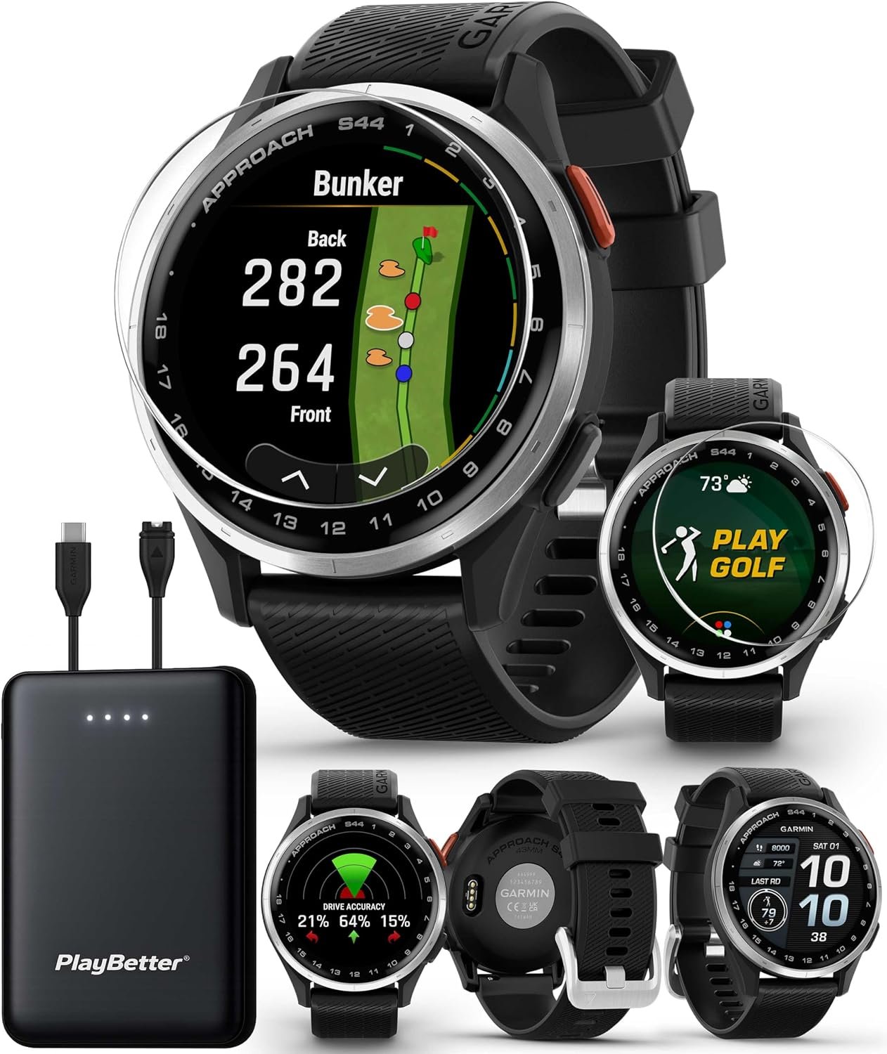 Garmin Approach S44 (Silver/Black) Golf GPS Smartwatch PlayBetter Bundle | 1.2″ AMOLED Display, 43K+ Maps, Green View, 15H Battery | Includes 5000mAh Portable Charger & Screen Protectors
