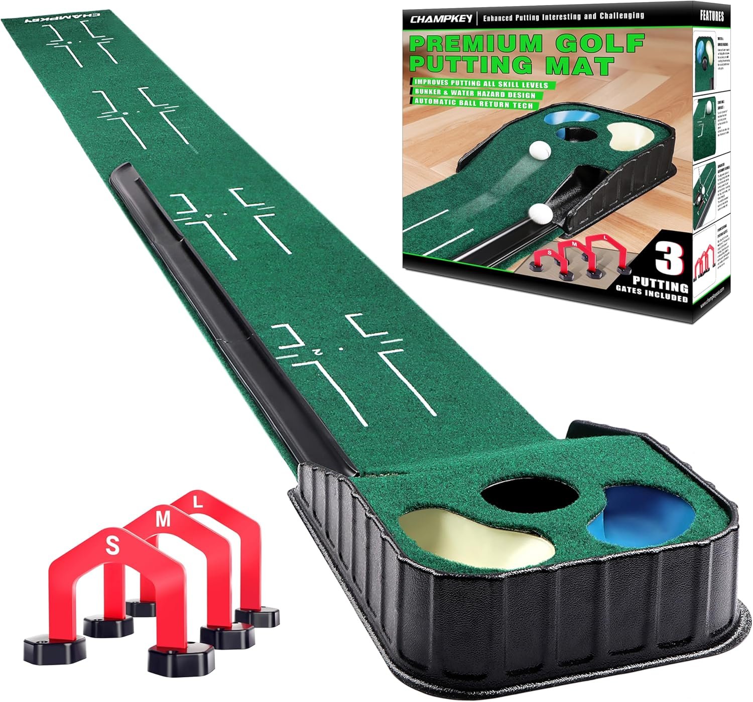 CHAMPKEY Golf Putting Green Indoor – Advanced Guides Golf Putting Mat – Enhance Putting Accuracy and Challenge