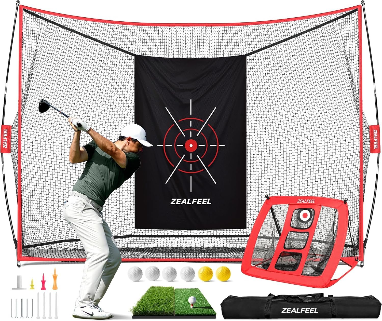 ZEALFEEL Golf Net, 10 x 7 ft Hitting Practice Set with Chipping Net | Foldable Mat, Silk Target, 8 Tees, 6 Balls & Carry Bag, For Backyard Driving, Chipping and Indoor or Outdoor Practice