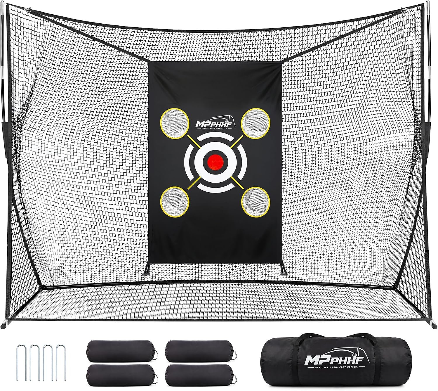 Golf Net, 10x7FT Heavy Duty Golf Practice Net for Backyard Driving Real Golf Balls with Quiet 4-Pocket Target Cloth, 4 Empty Sandbags, Stakes & Carry Bag, Indoor Outdoor Hitting Net