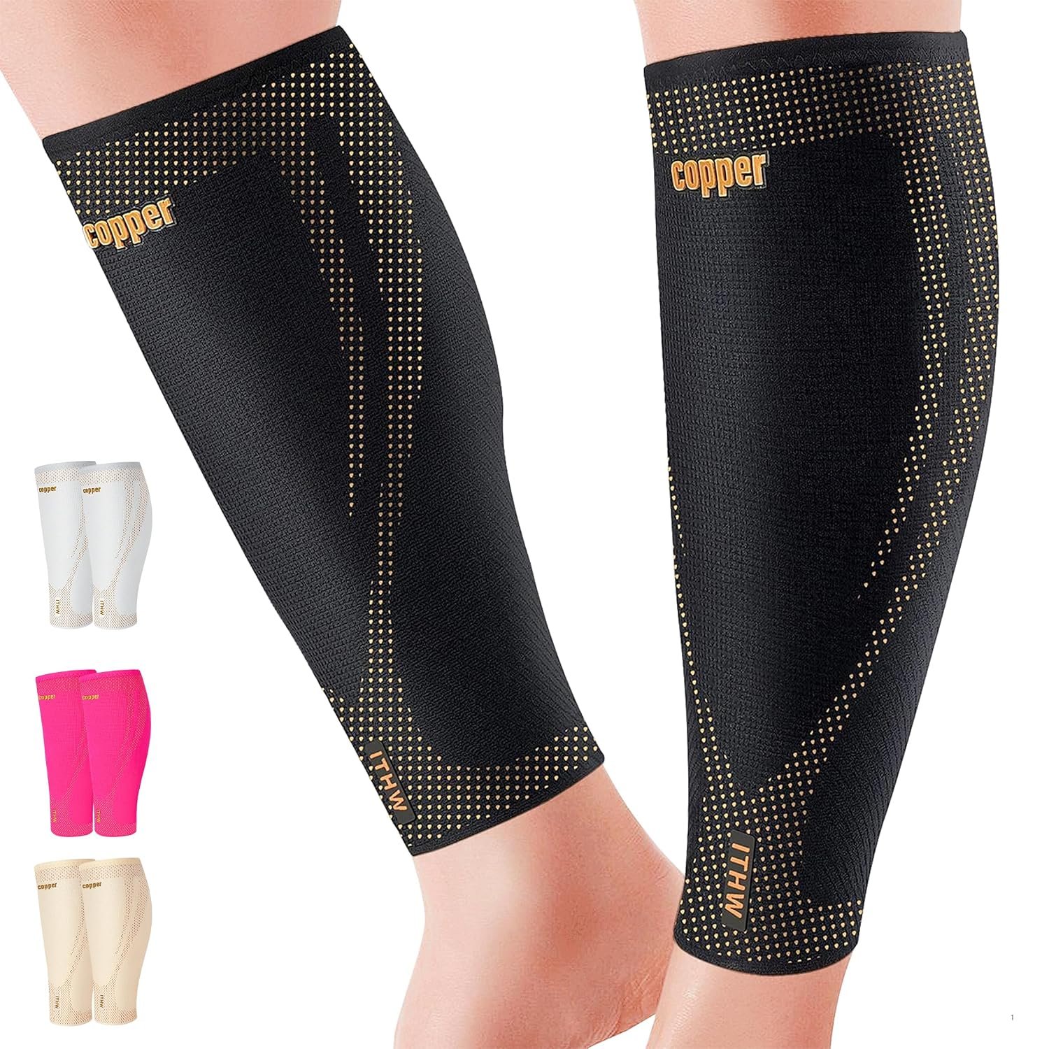 Copper Calf Compression Sleeves for Men Women, Shin Splint Relief, Grip | High Stretch Graduated Compression with Anti-Slip Grip | Breathable & Smooth Lining Footless Design for Runner Black