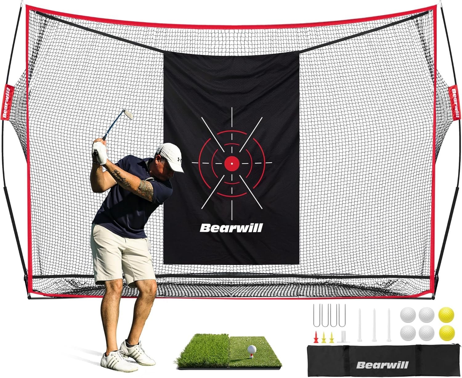 Golf Net,10x7ft Heavy Duty Golf Practice Nets with Mat for Indoor Outdoor | Golf Hitting Nets with Target Cloth,7 Tees,6 Balls for Backyard Driving Chipping Training
