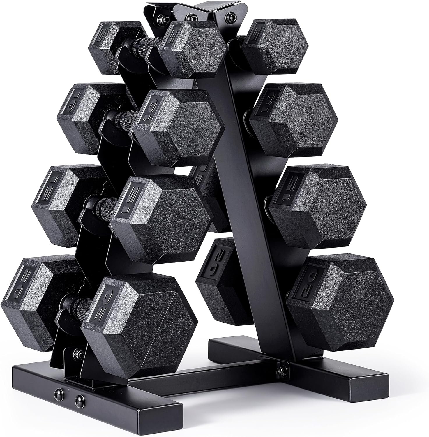 CAP Rubber Coated Hex Dumbbell Set with Storage Rack | 100–210 lb Options, Space-Saving Vertical Compact Storage for Home Gym Strength Training