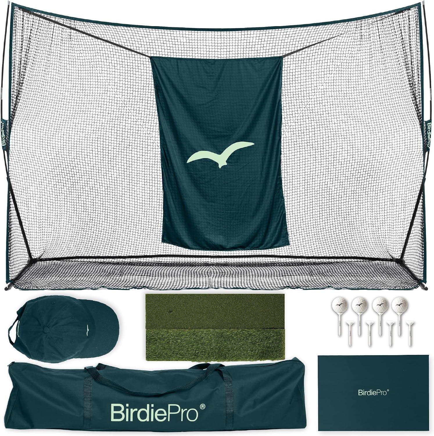 BirdiePro® – American Pro Golf Practice Net, 10x7ft Heavy Duty Golf Hitting Net with EchoShield™ Target & FlexWeave™ Net, Indoor Outdoor Training Backyard, Full Set with Mat, Balls & Cap