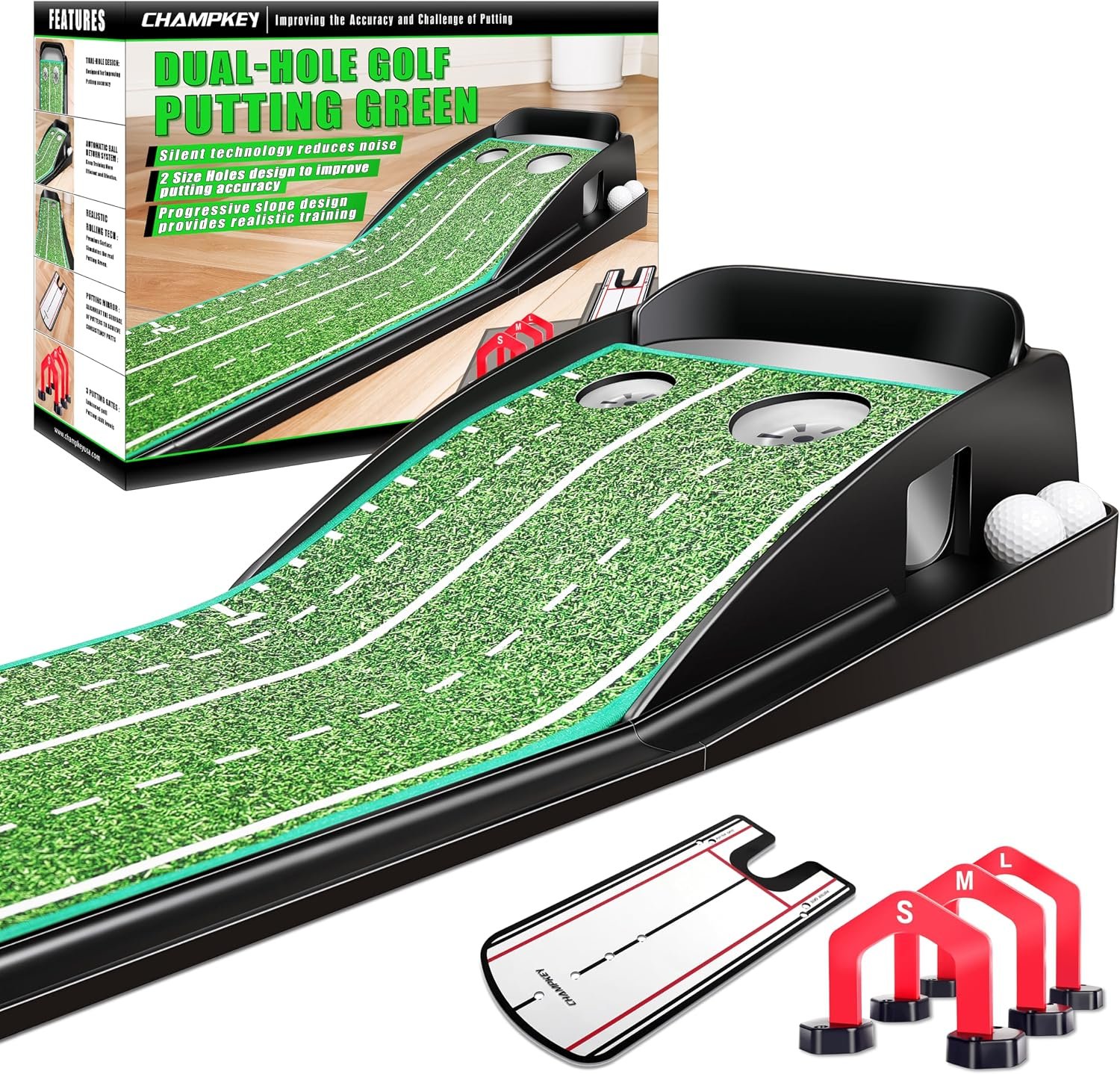 CHAMPKEY Premium Golf Putting Green Indoor with 3 Golf Putting Gates – Improves Putting Accuracy and Skill Levels Golf Putting Mat – Ideal for Indoor and Outdoor Training