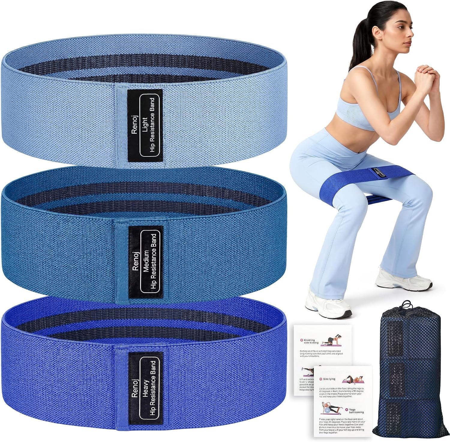 Renoj Resistance Bands for Working Out: 3-Set Professional Exercise Bands for Pilates, Yoga, Home Gym, Booty, Leg Training | Heavy/Medium/Light Fabric Loops for Women Men