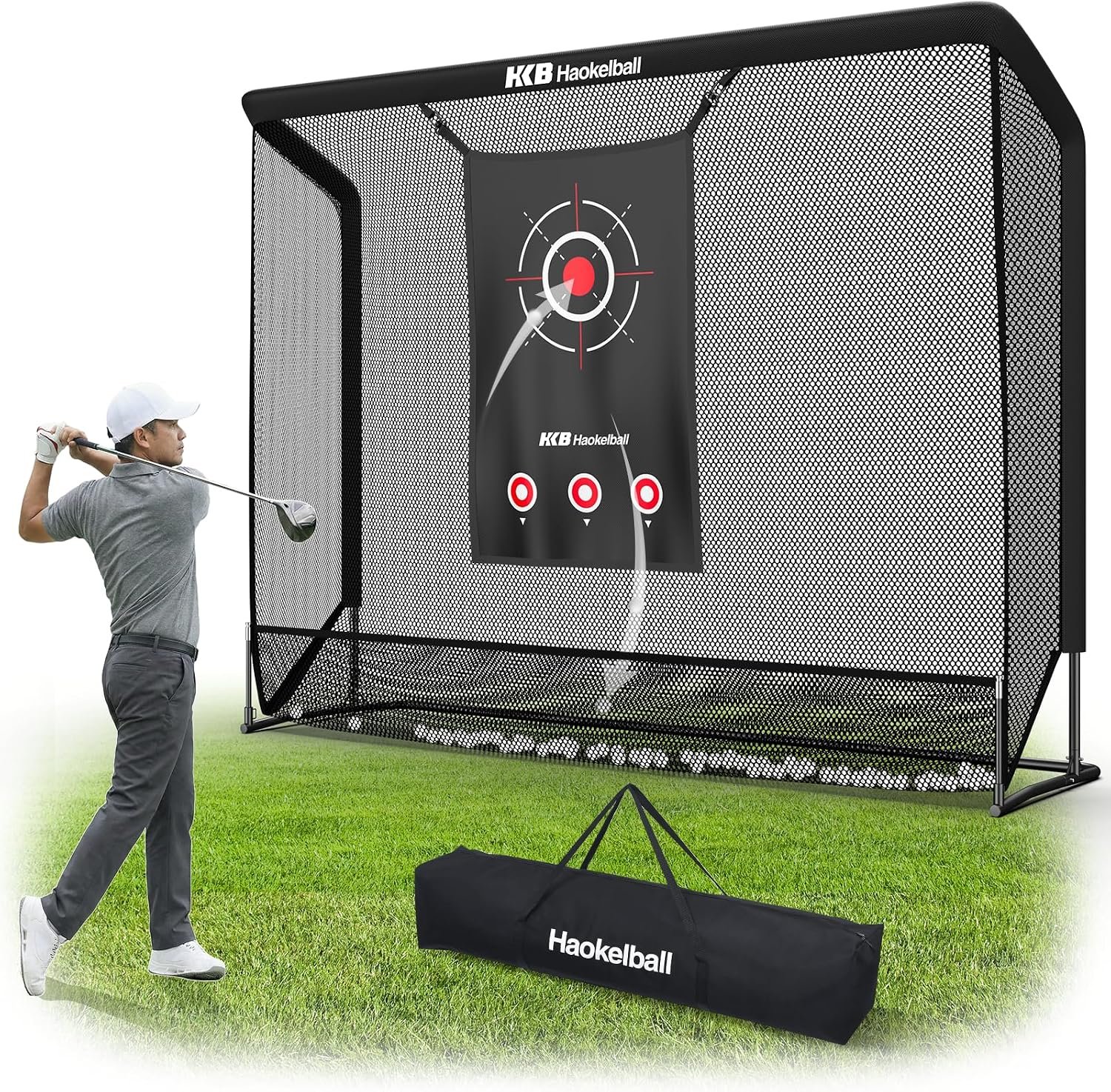 Haokelball Golf Practice Net 10x8FT Driving Hitting Net & Simulator Cage | Backyard Outdoor, Indoor Golf Simulator, Real Ball Practice, Impact Screen, Ball Return, Side Barriers, Projection Ready
