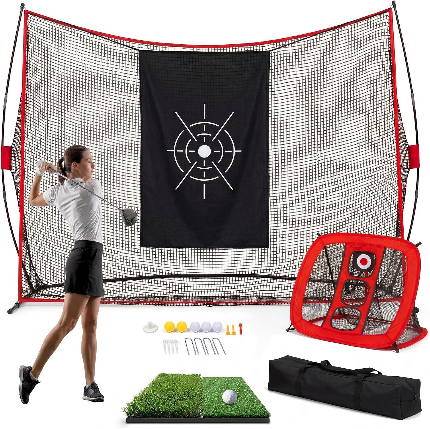 Golf Net 10x7ft, Golf Hitting Net with Chipping Net, Dual Turf Mat, Silk Targets, Balls&Tees, Carry Bag, Golfer Practice Nets for Backyard Driving Real Balls Indoor Outdoor Use | Dual Turf Mat, Silk Targets, 8 Tees, 6 Balls & Carry Bag for Backyard Driving Chipping Indoor Outdoor Training