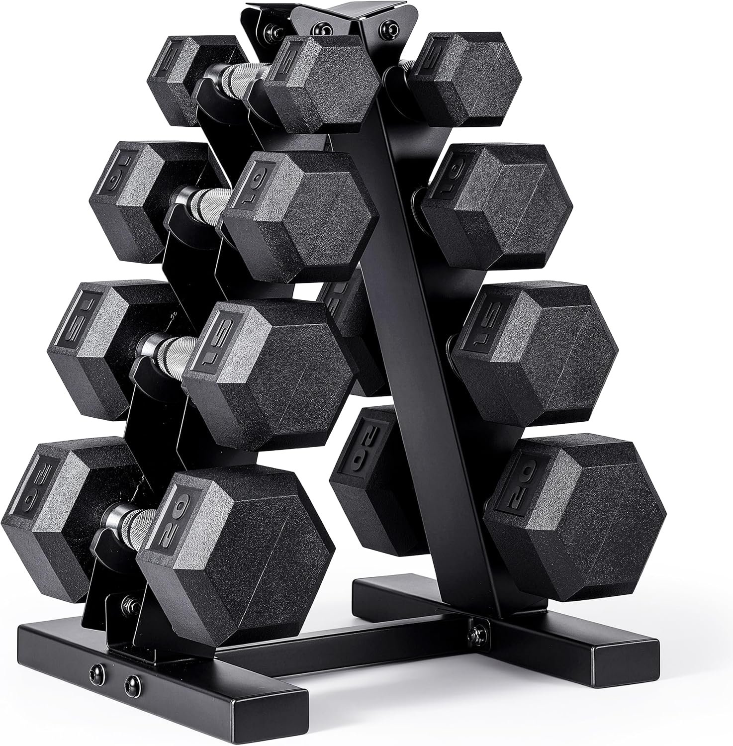 CAP Rubber Coated Hex Dumbbell Set with Storage Rack | 100–210 lb Options, Space-Saving Vertical Compact Storage for Home Gym Strength Training