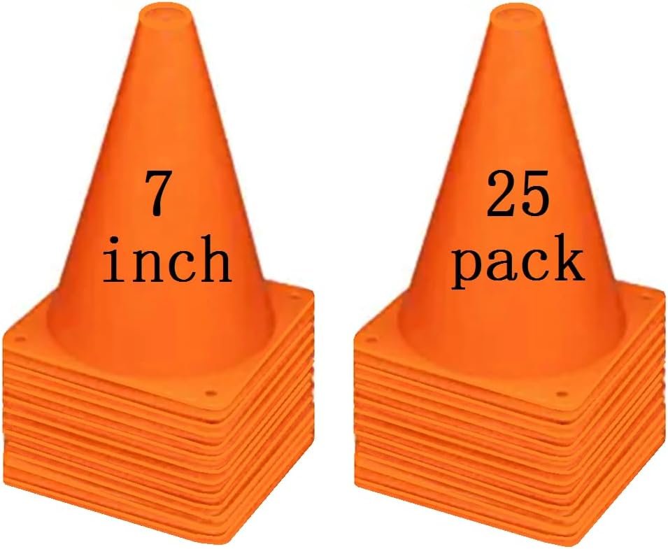 Soccer Cones 7 Inch 25 Pack | Agility Training Sports Cone Plastic with Carry Bag for Soccer Football Basketball Drills Field Markers