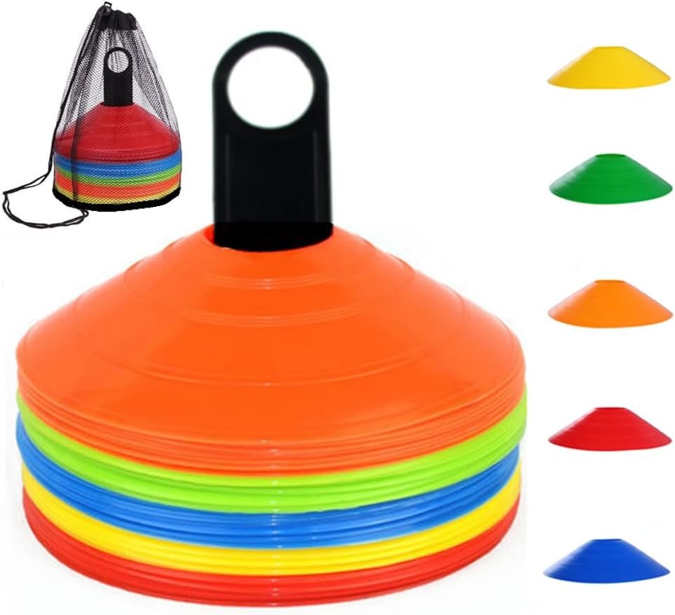 Soccer Cones 50 Pcs Disc Cones (5 Colors) | Agility Training Sports Cones Plastic with Carry Bag & Holder for Soccer Football Basketball Drills Field Markers