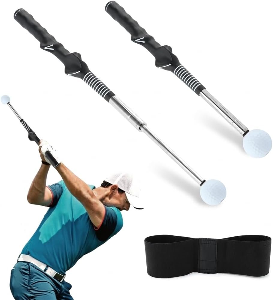 NINEFOX Retractable Golf Tempo Trainer Stick with Click Cue Right Handed | Compact golf swing trainer for tempo, rhythm, and warm-up drills at home, office, or travel; includes training arm band