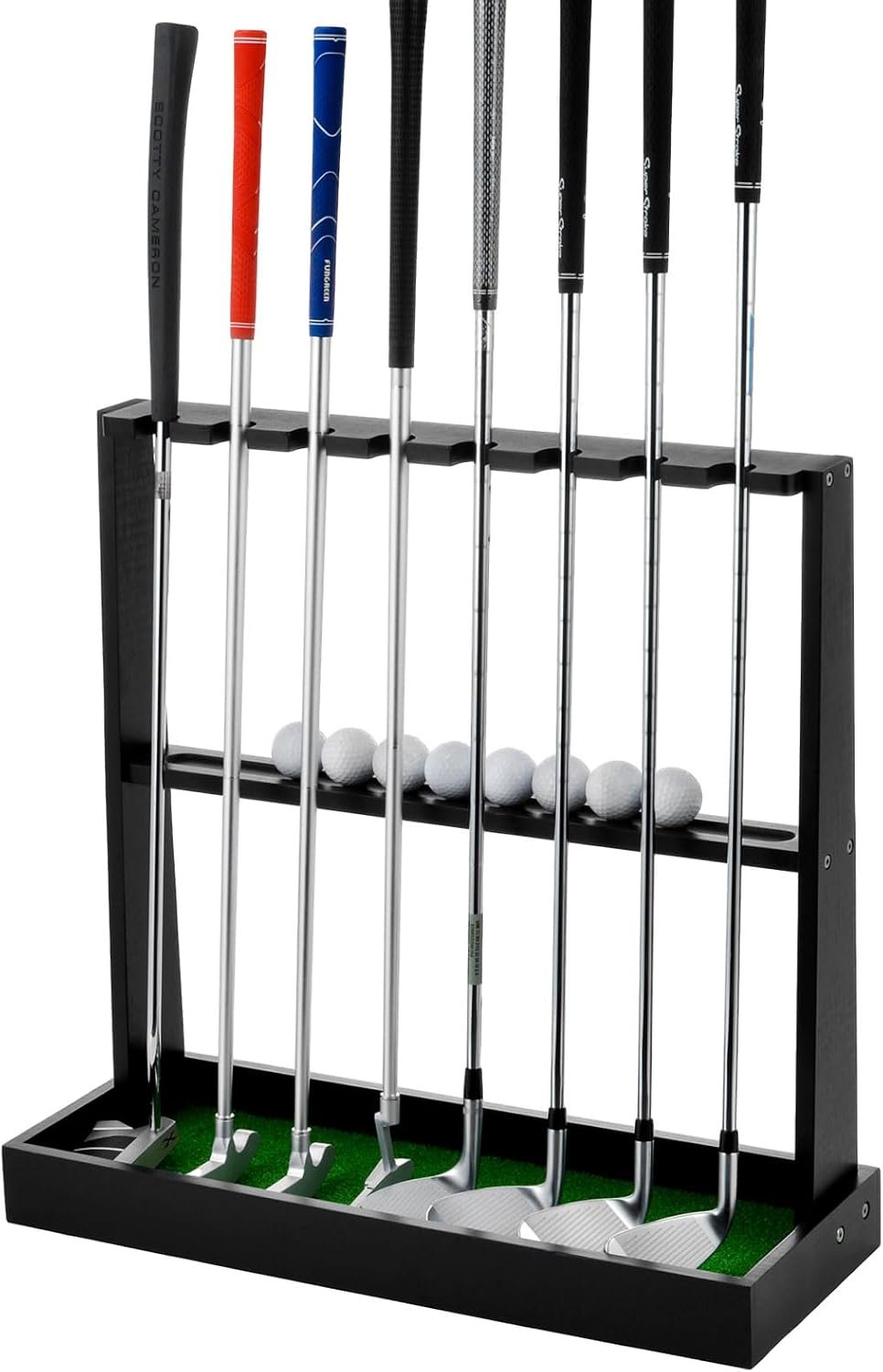 Golf Putter Stand, Wooden Golf Club Organizer Rack for 8 Clubs & 12 Balls | Golf Club Floor Display Rack and Holder With Non-Slip Artificial Turf, for Home, Office, Golf Simulator, or Putting Green