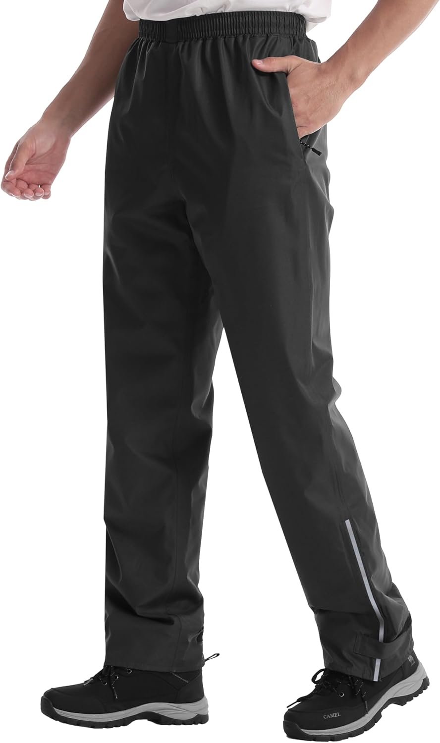iCreek Men’s Rain Pants Waterproof Lightweight Over Pants | Mesh Lining, Zipper Pockets, Pants Leg Zipper, Reflective Strip, Hook & Loop, for Hiking, Fishing, Golf, Work, Daily Wear