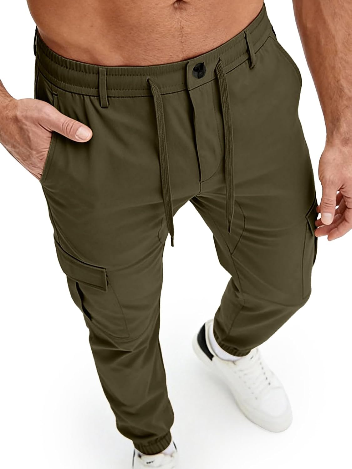 PLEPAN Mens Casual Cargo Joggers Tapered Work Pants | 6 Pockets, Hiking Pants, Drawstring Elastic Waist, 2-Sided Velcro Pockets