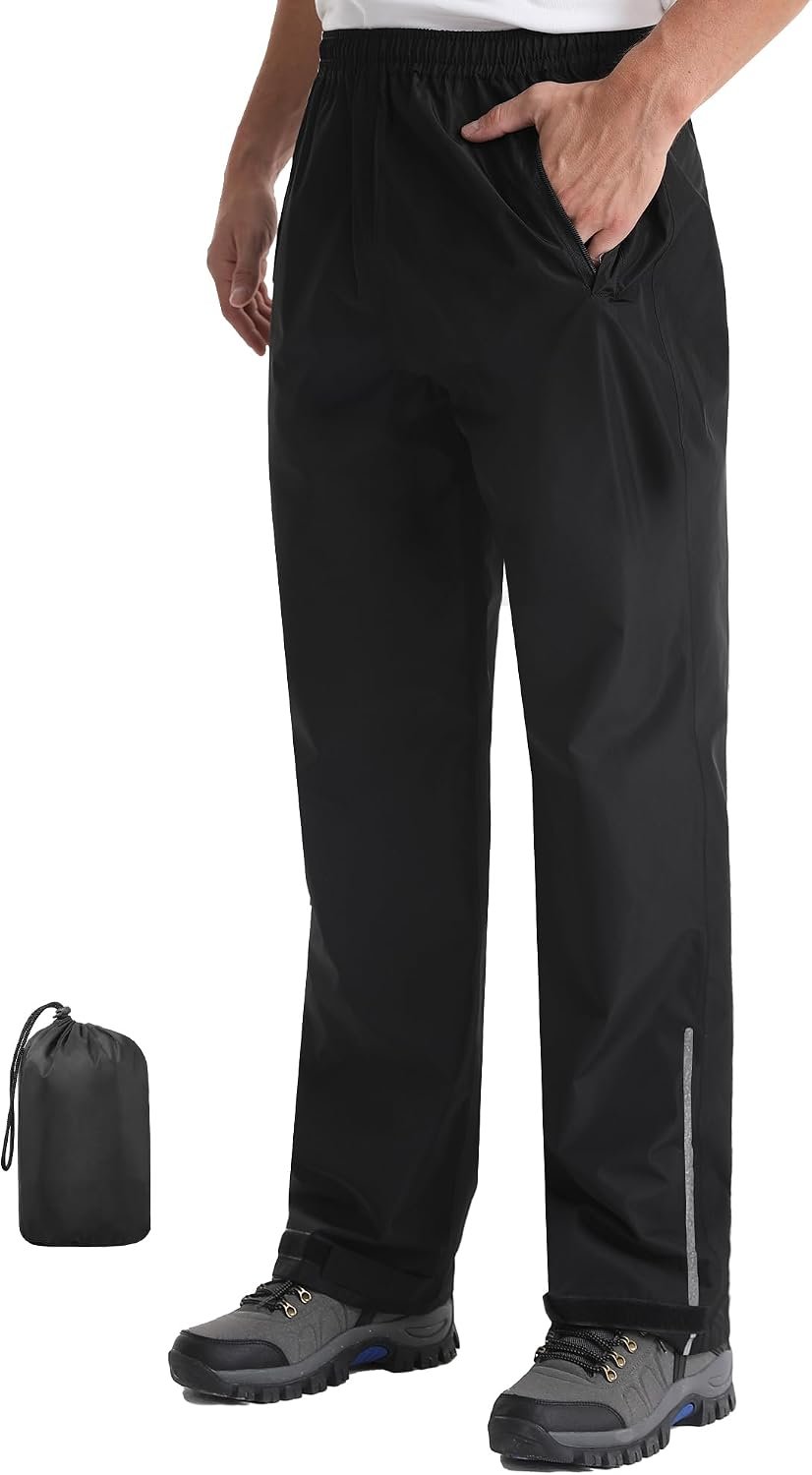 iCreek Men’s Rain Pants Packable Waterproof Lightweight Hiking Over Pants | Zipper Pockets, Pants Leg Reflective Strip, Hook & Loop, Storage Pouch, for Hiking, Fishing, Golf, Work, Daily Wear