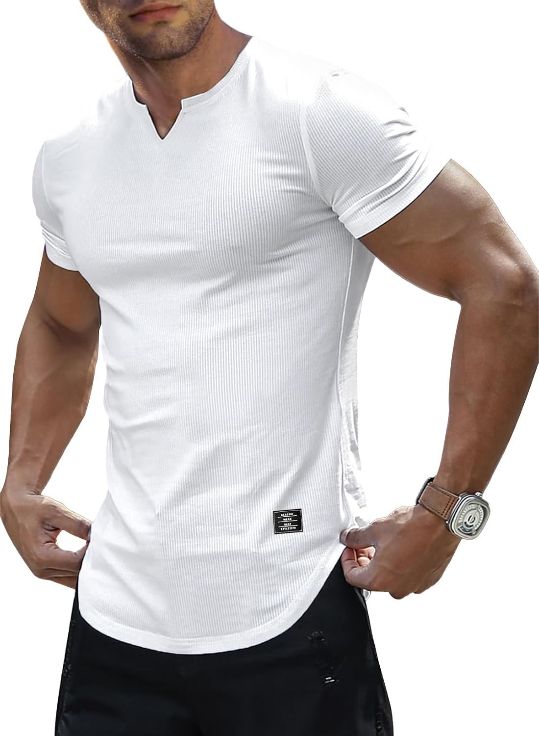 JMIERR Mens Muscle Fit V Neck T Shirt Short Sleeve Workout Tee | Slim Fit, Textured Ribbed Fabric, Longline Curved Hem, Stretch Comfort, Casual Summer Fitted Tops for Athletic Gym