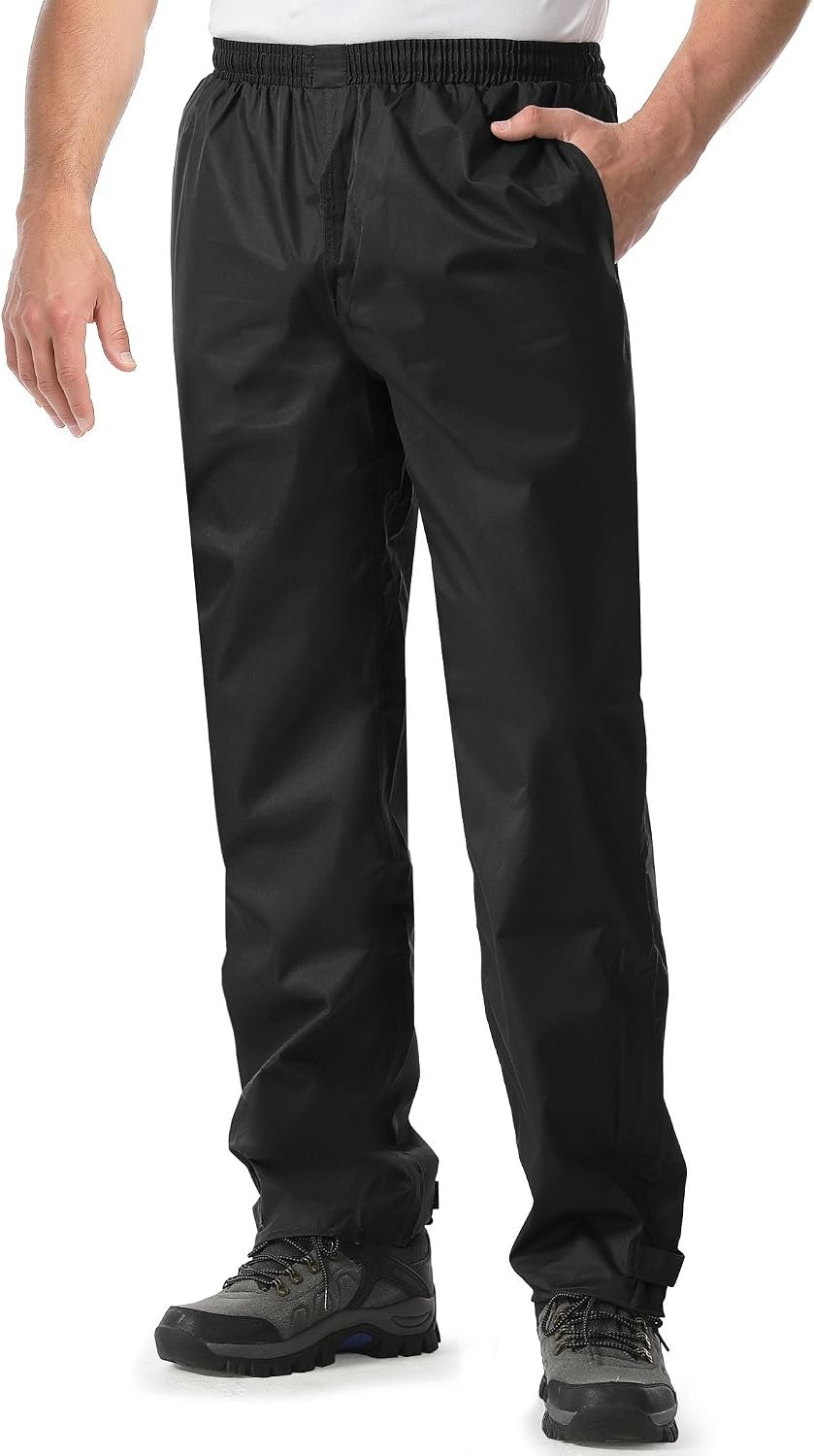 iCreek Men’s Rain Pants Waterproof Breathable Lightweight Rain Over Pants | Windproof, Mesh Lining, Pants Leg Zipper, Hook & Loop, Suitable for Hiking, Fishing, Golf, Work and Daily Wear