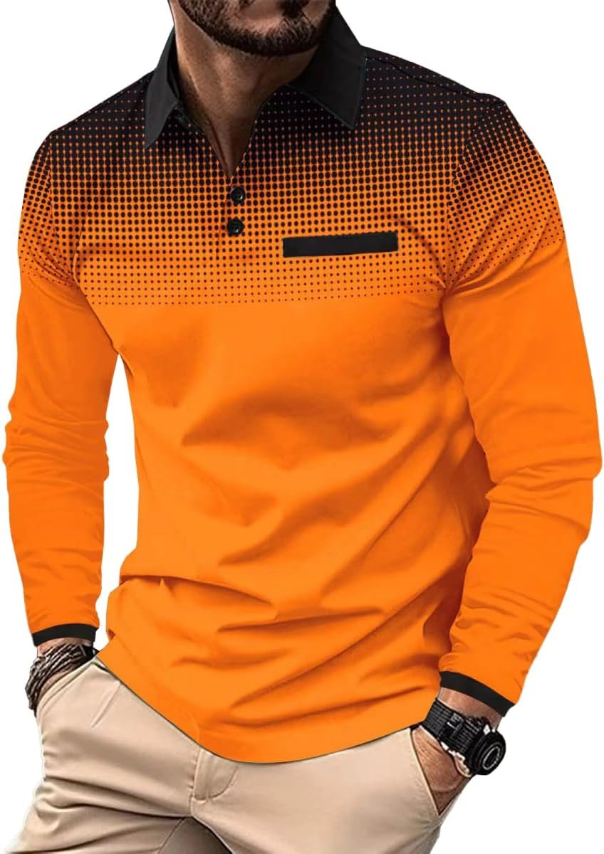 Men’s Polo Shirts Long Sleeve 2025 Casual Polo T-Shirts Color Block Slim Fit Golf Polo Shirt with Pocket