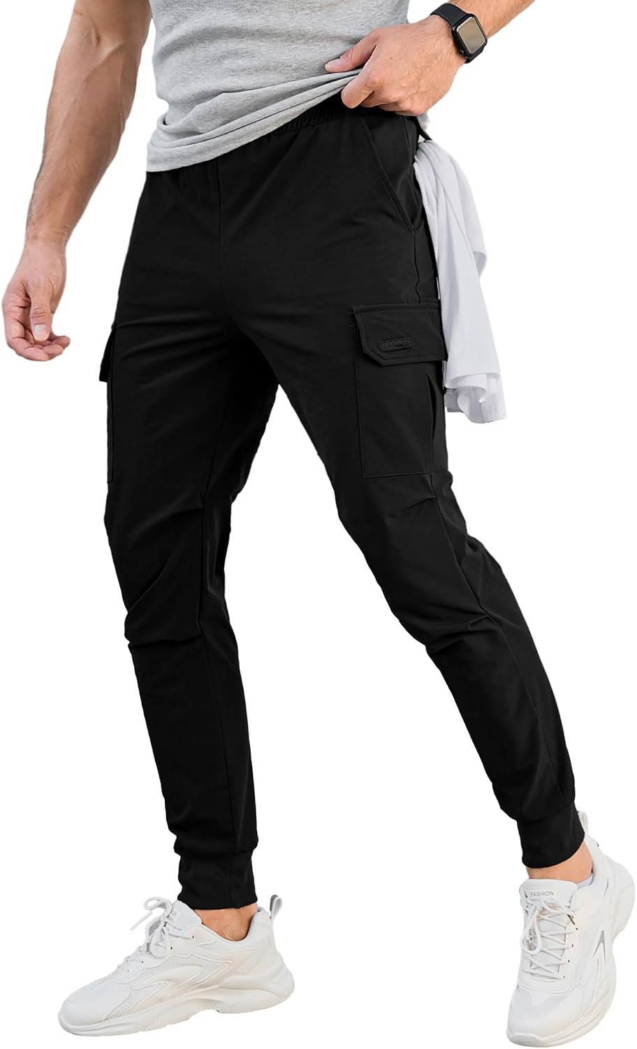 Comdecevis Men’s Slim Fit Stretch Casual Cargo Joggers | 4-Way Stretch, Lightweight Quick Dry, Zipper Pockets, Workout & Track Trousers, Hiking & Work Pants