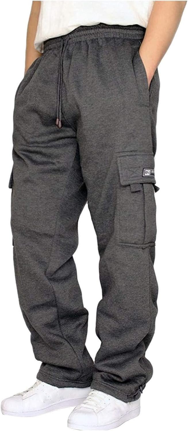 Men’s Cargo Sweatpants Casual Fleece Joggers Loose Fit Open Bottom Athletic Pants for Men with Pockets