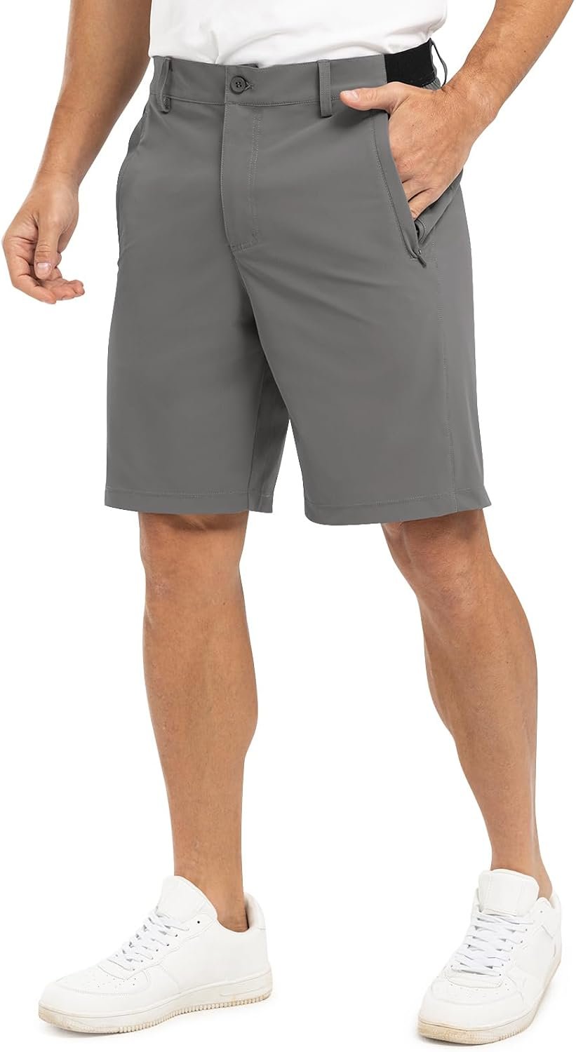 TBMPOY Men’s 9″ Golf Shorts Stretch Quick Dry Dress Casual Shorts | Lightweight, Breathable, Flat Front, Elastic Waist with Non-Slip Strip, 3 Zip Pockets, Business, Travel, Work, Athletic