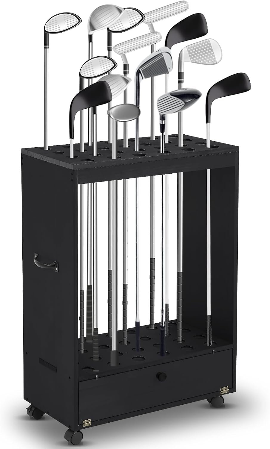 Silipull Wooden Golf Club Stand Holder | Golf Club & Ball Organizer Rack with Storage Drawer and Wheel, for Home, Office, Garage, Simulator or Indoor Display Areas