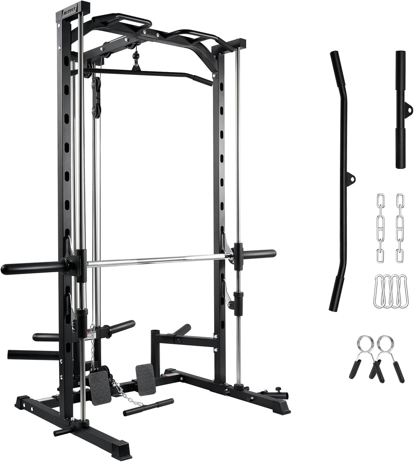 RitFit Smith Machine Power Rack with LAT-Pull Down System | Half Smith Machine with Landmine, Barbell Bar, Plate Storage Pegs and More Training Attachment