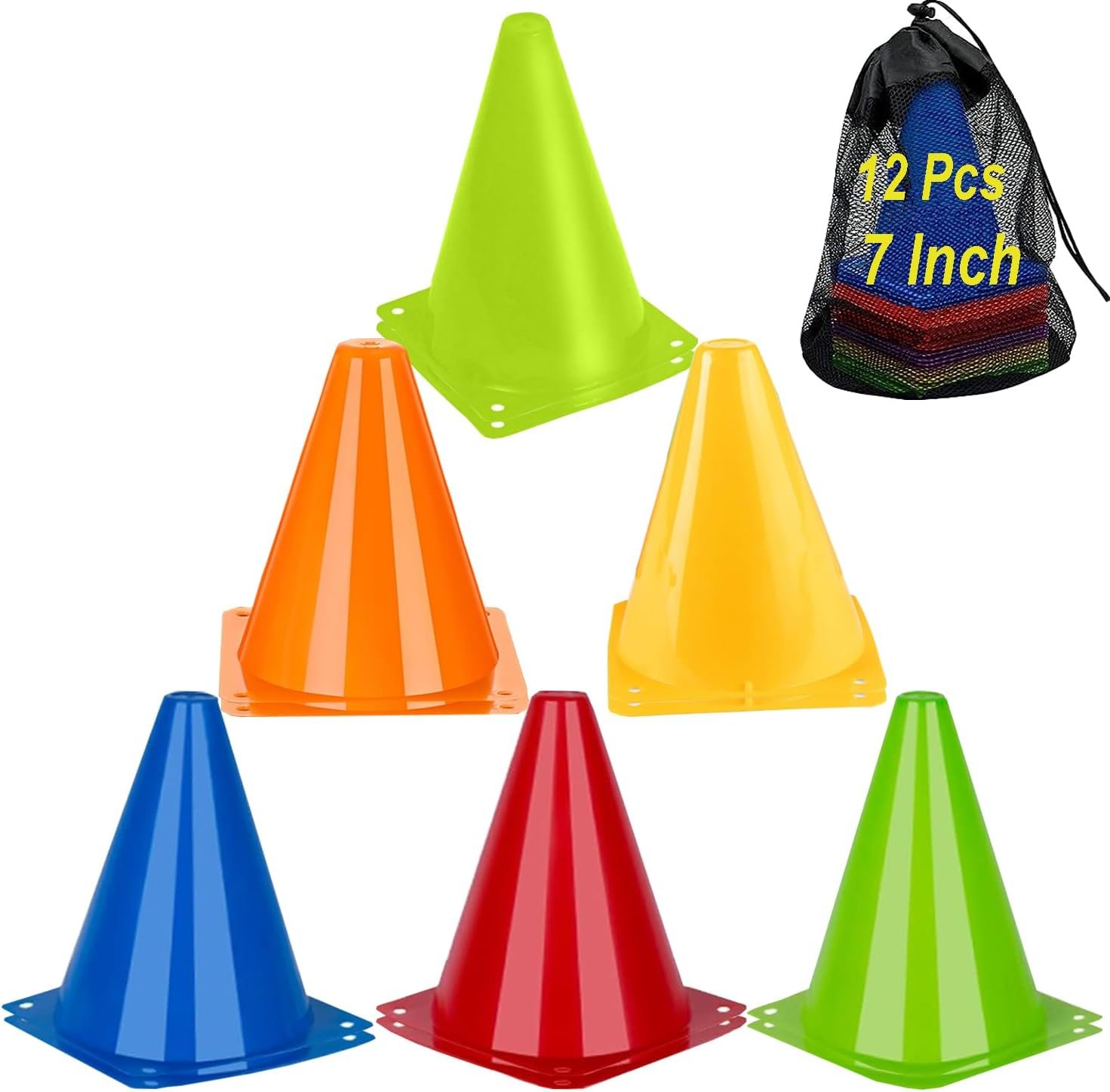 Soccer Cones Sports Training Agility Field Marker Cone, 12 Pack 7 Inch Training Cones Set with Mesh Bag, Colorful Cones for Soccer, Skating, Basketball, Baseball Drills, Outdoor & Indoor Activity