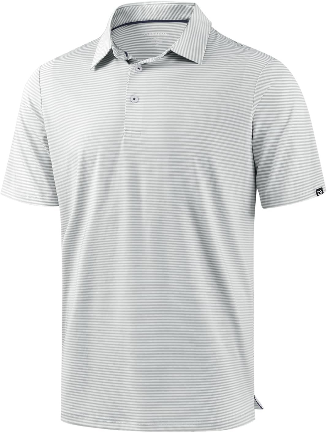 Mens Golf Shirt Dry Fit Performance Short Sleeve Striped Polo Shirts | Moisture Wicking, Breathable, Soft Stretch, Colorful Stripes, 3-Button, UPF50+, Easy Match for Dressy Casual, Tennis, Daily
