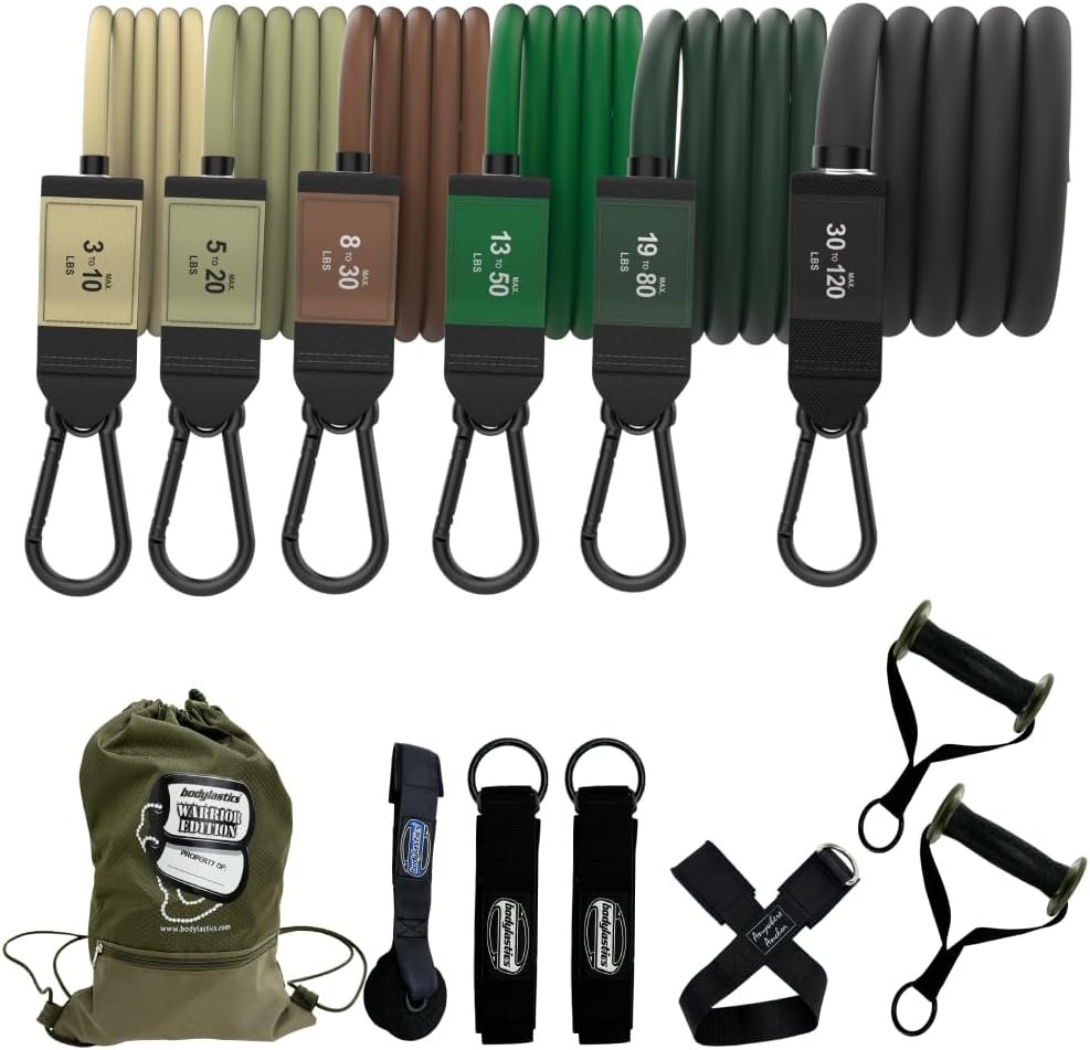 Bodylastics Patented Basic Series Resistance Band Set – Resistance Bands with Snap Reduction Tech, 2 Handles, 2 Ankle Straps, 1 Door Anchor & 1 Carry Bag