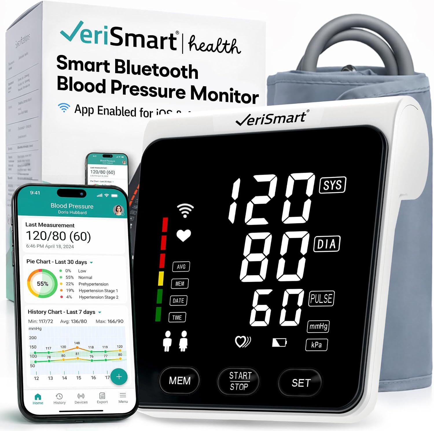 VeriSmart Bluetooth Comfort-Inflate Blood Pressure Monitor | Export to Doctor App, FDA-Cleared, 6.5″ LED Display, Wide-Range Cuff, Slim Design, Battery/USB-C, Measures While Inflating