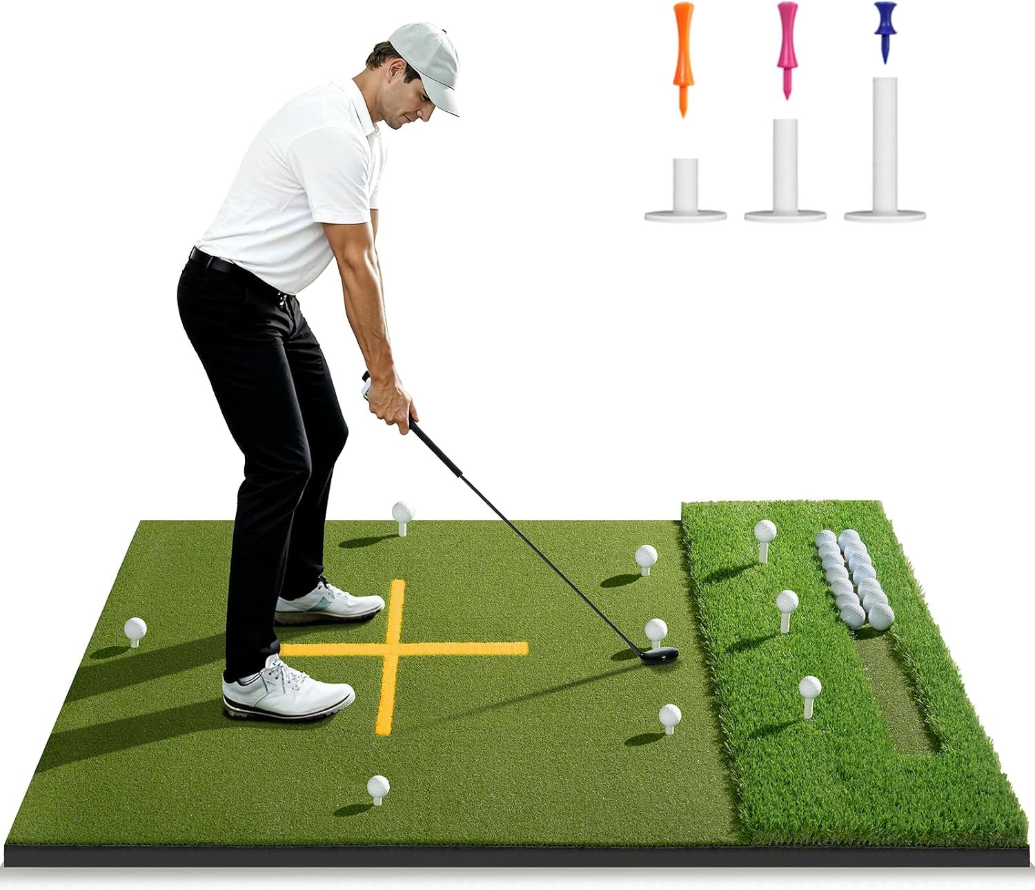 5.2x4ft & 6x4ft 21mm-50mm Dual-Turf Golf Mat with Ball Tray, Thickened Golf Hitting Mat with 9 Hitting Holes, Alignment Aid Practice Mat for Hitting, Driving Chipping, Swinging, Gifts for Men/Dad/Him