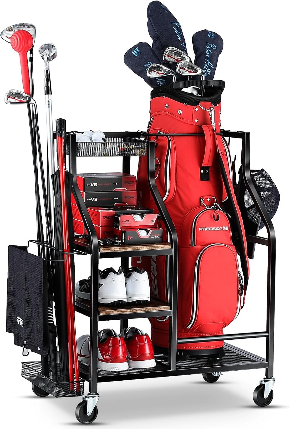 FHXZH Golf Bags Storage Garage Organizer – Golf Bag Stand with Wheels | Golf Club Bag Rack, Holder Golf Clubs, Balls, Accessories, Rolling Cart, Steel & Wood, For Garage, Home, Basement, Shed