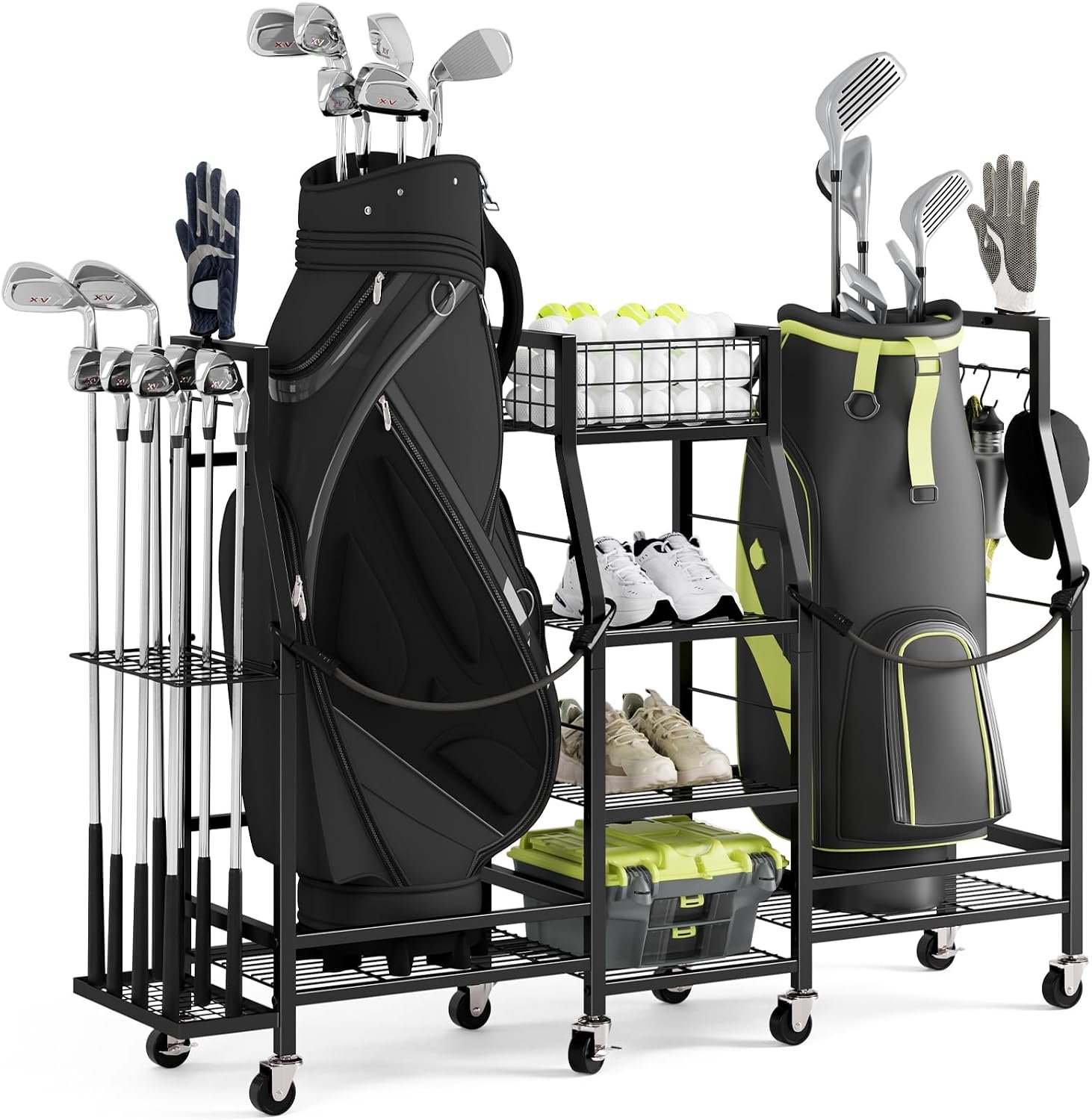 Golf Bag Storage Rack for Garage, 2-Bag Organizer with Wheels | Golf Clubs and Accessories Organizer with Shelves, Accessory Baskets and Glove Holders