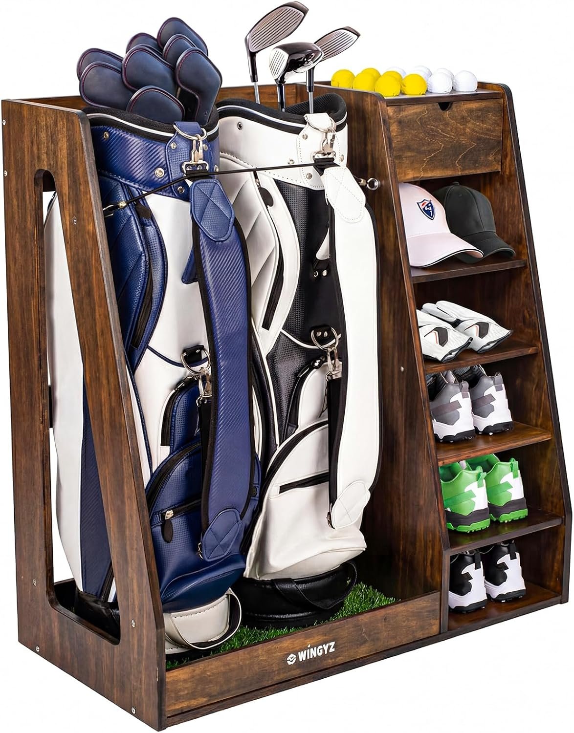 Golf Bag Storage for 2 Bags, Premium Birch Plywood Organizer | 36lb Rock-Solid Golf Bag Organizer, 7-Shelf Command Center, Artificial Turf 12-Ball Display, No Wall Mounting Required, Brown