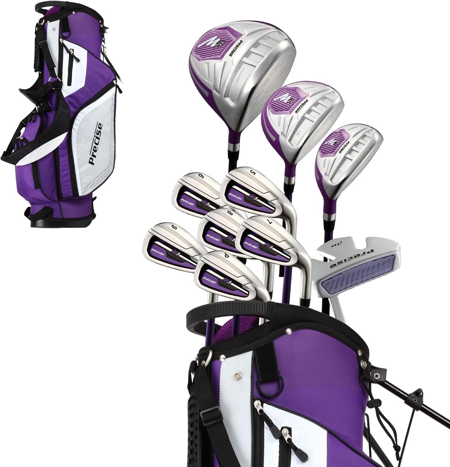 Precise – Women’s Golf Club Set – Purple | Titanium driver, fairway & hybrid, irons through wedge, putter, headcovers, graphite shafts, petite to tall