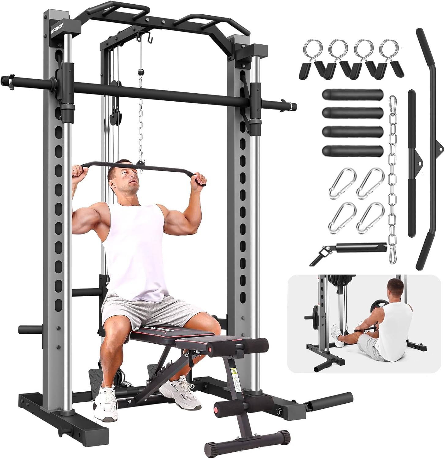 OPPSDECOR All-in-One Adjustable Smith Machine with LAT-Pull Down System | Multi-Function Power Cage for Home Gym Cable Crossover Squat Rack of Workout Machine Training Equipment with Attachments