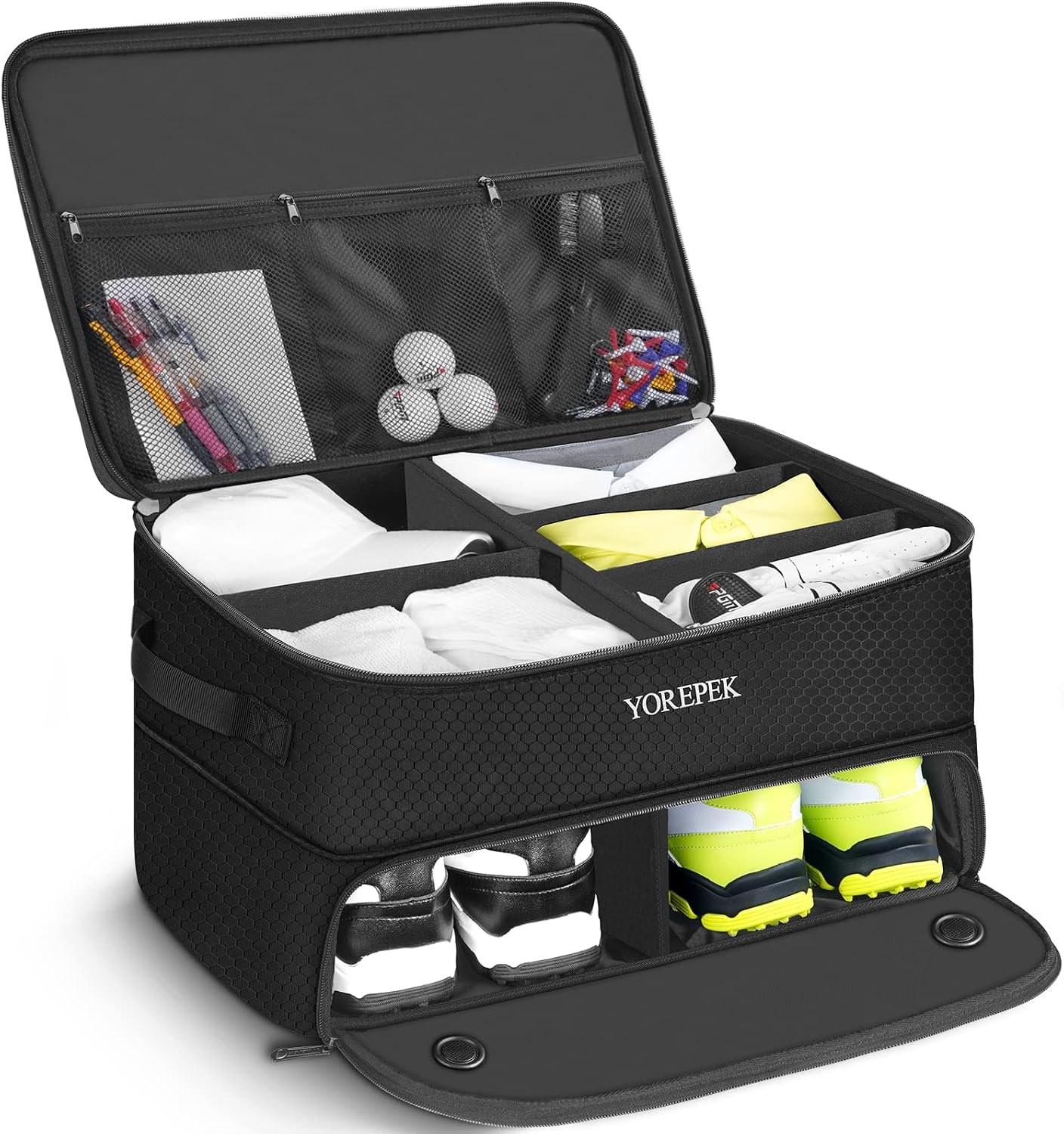 YOREPEK Golf Gifts for Men, 2 Layer Golf Trunk Organizer for 2 Pair Shoes | Waterproof Car Trunk Locker with Separate Ventilated Compartment for Balls, Tees, Clothes, Gloves, Birthday Gifts for Golfers