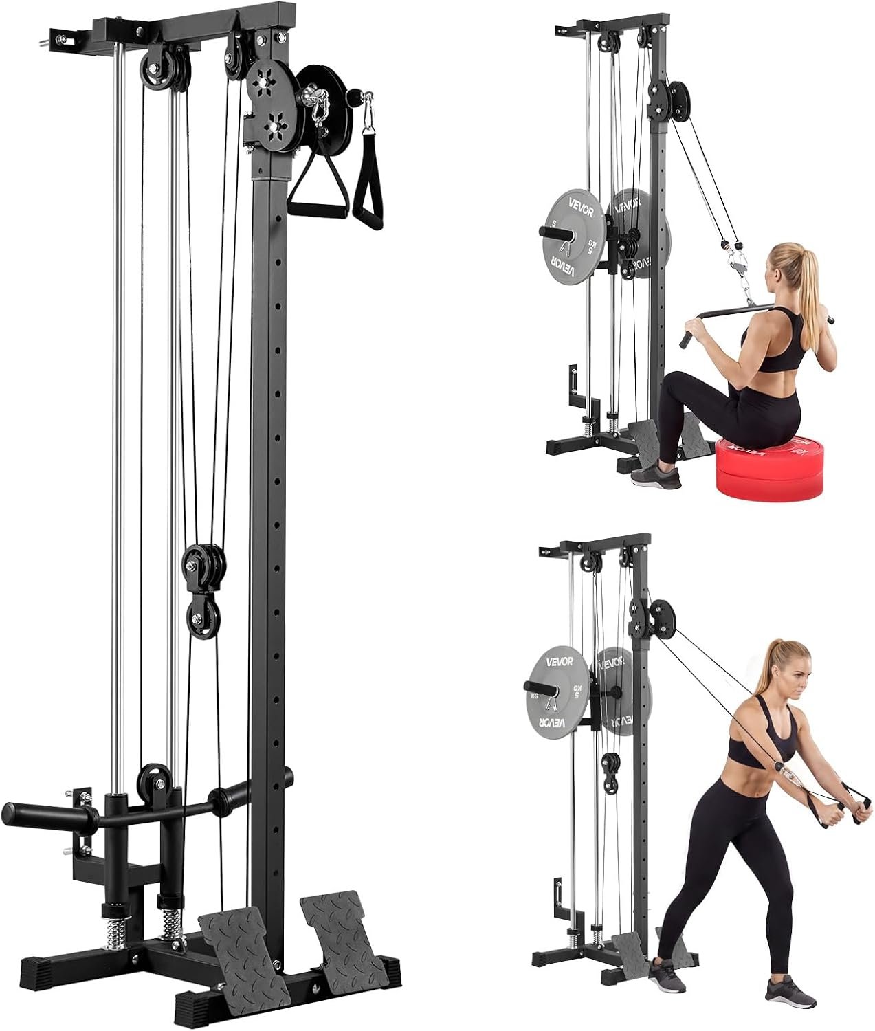 VEVOR LAT Pull Down Machine, 3-in-1 Row Cable Machine, Cable Machines Home Gym with 18-Levels Height Adjustment, Wall-Mount Design, Load 500 lbs LAT Tower for Full-Body Workouts, Single-Arm Training
