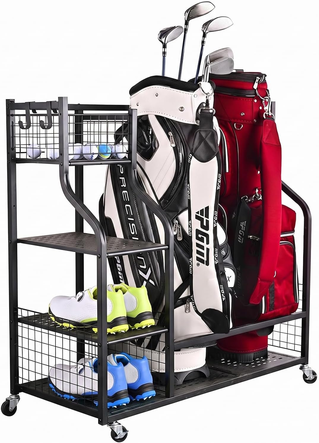 Golf Bag Garage Storage Organizer Extra Large Size Golf Bag Rack Stand Holder Fits 2 Golf Bags and Other Golfing Equipment Accessories, Metal Black Golf Club Storage for Garage Shed and Basement