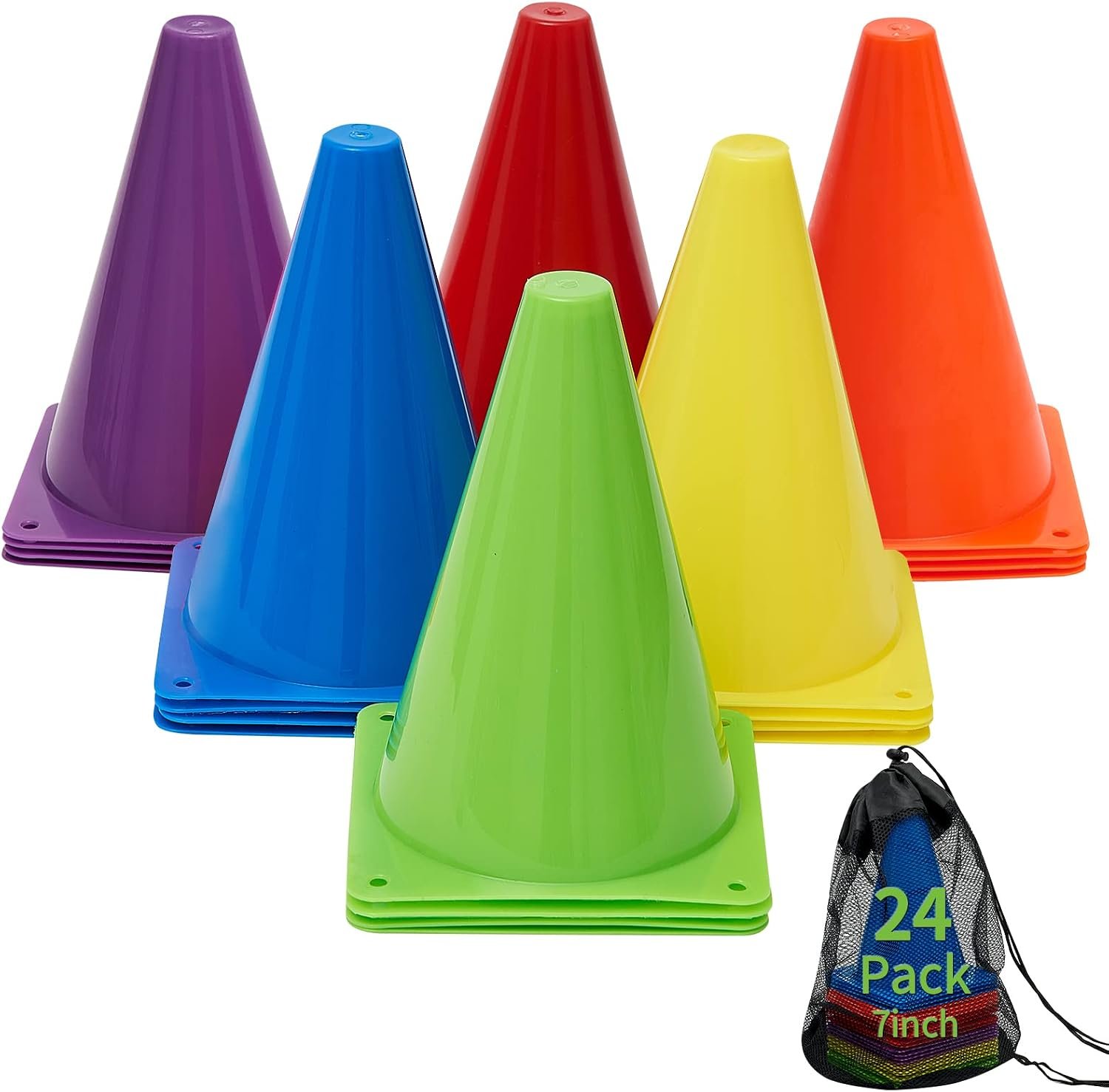 Cones Sports, Small Training Cones Set for Soccer Practice, 24 Pack 7 Inch Agility Field Cone Marker for Football Basketball Drills, Plastic Multi color Baseball Cone for Outdoor Indoor Games