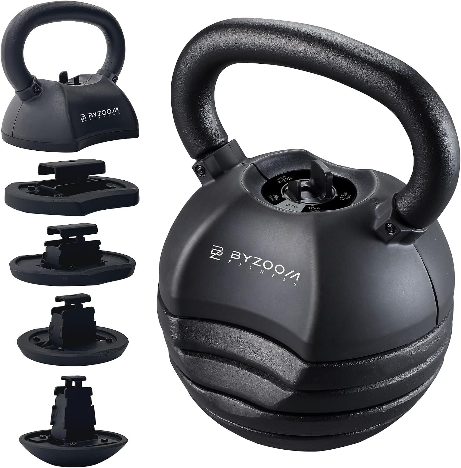 BYZOOM FITNESS Pure Series Adjustable Kettlebell 30/40/50LB – 5-IN-1 Weight Change, Patented Quick-Change Machenism, Ergonomic Curved Handle for Home Gym, Strength Training, HIIT, White OR Black